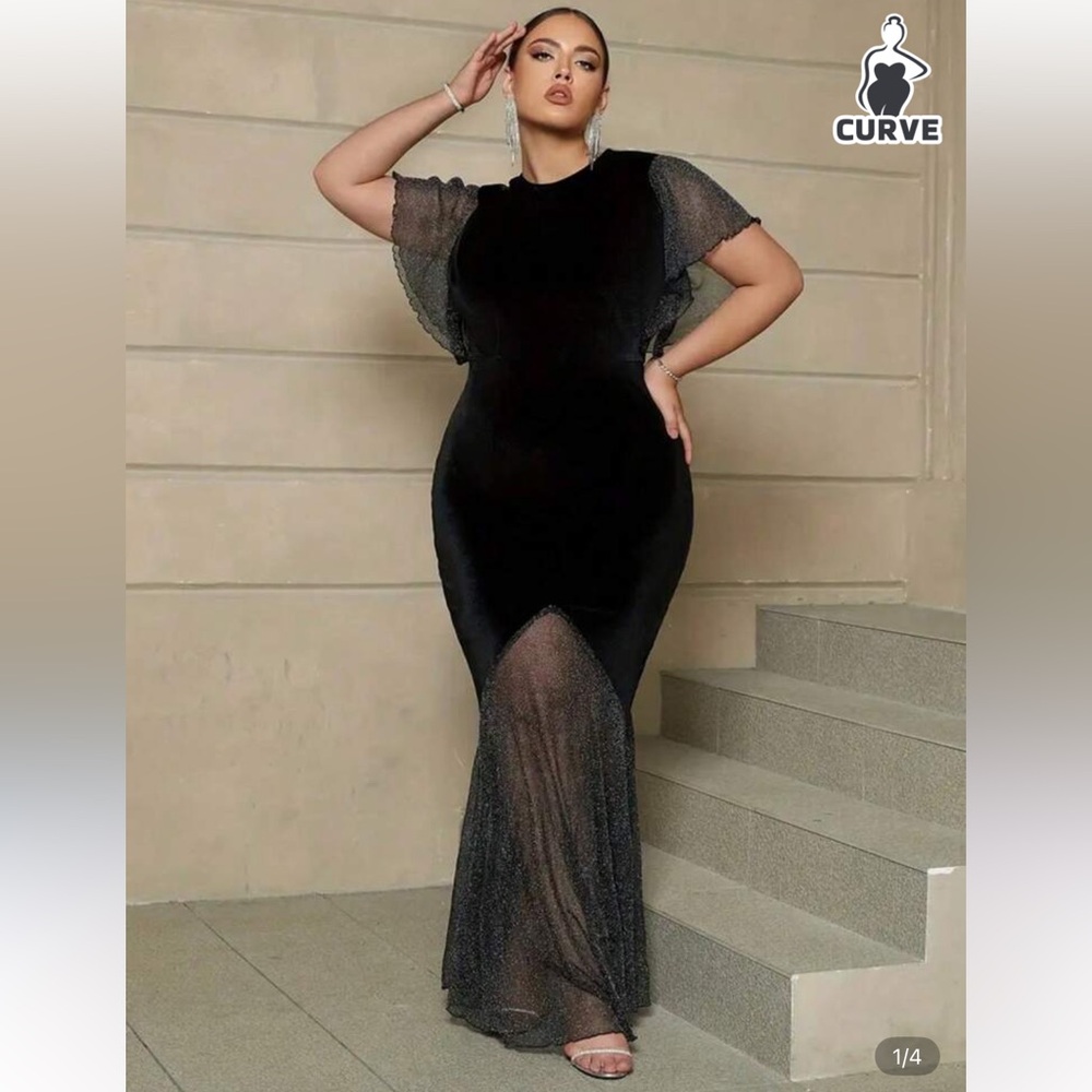 NEW Elegant Velvet Black and Sheer Evening Gown